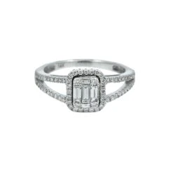 14K GOLD BAGUETTE DIAMOND RING WITH HALO AND SPLIT SHANK 0.75 CT(14k White Gold Engagement Ladies Ring With 0 75 Ct Diamonds 1)