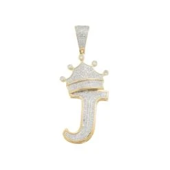 10K GOLD ROUND DIAMOND INITIAL J WITH CROWN PENDANT 0.69 CT(10k Gold Round Diamond Initial J With Crown Pendant 0 69 Ct)