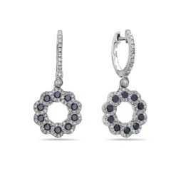 14K WHITE GOLD BLACK & WHITE DIAMOND FLOWER SHAPED DROP EARRINGS 1.51 CTW(14k White Gold Black White Diamond Flower Shaped Drop Earrings)