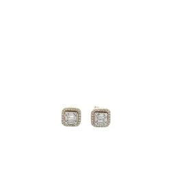14K GOLD ROUND AND BAGUETTE DIAMOND SQUARE EARRINGS WITH HALO 0.80 CT(Elegant Diamond Earrings 18)